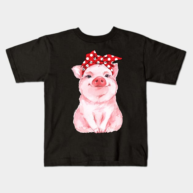 Red Bandana Pig Kids T-Shirt by StacysCellar